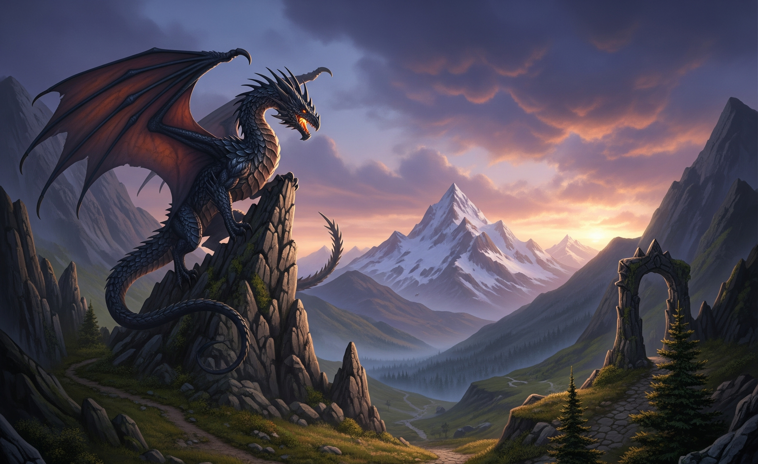 Dragon overlooking mountains